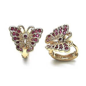 14K GOLD PLATED SMALL HUGGIE HOOP WITH BUTTERFLY AND RED MICRO PAVE CZ M631 - Picture 1 of 1