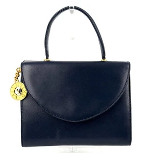 Valentino Garavani Navy Leather Top Handle Bag Logo Medallion Charm Gold Vintage - Bild 1 von 12