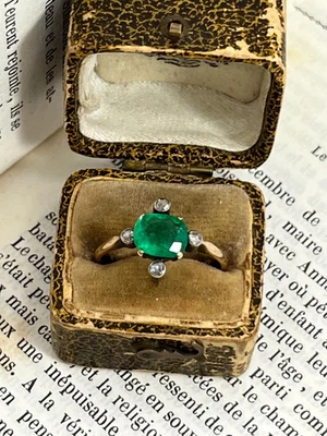 Antiguo anillo de oro amarillo de 1,8 quilates, plata victoriana esmeralda y diamantes rosas, Foto 1 de 4