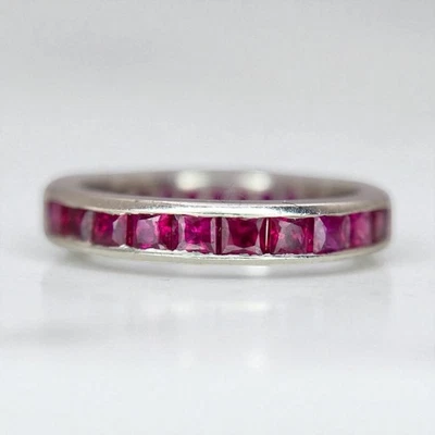 Vintage Platinum Natural Square Cut Red Ruby Channel Eternity Band Ring - Image 1 of 4