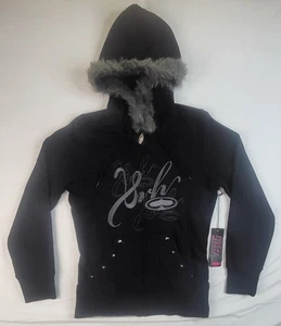 Sudadera con capucha negra cremallera completa con capucha de piel con logotipo de as deletreado Y2K SRH vintage para mujer L - Imagen 1 de 11