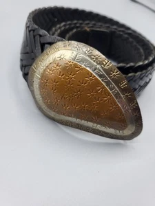 MADE IN MOROCCO BLACk BRAIDED LEATHER BELT WITH LARGE TRICOLOR MEDALLION - Picture 1 of 6