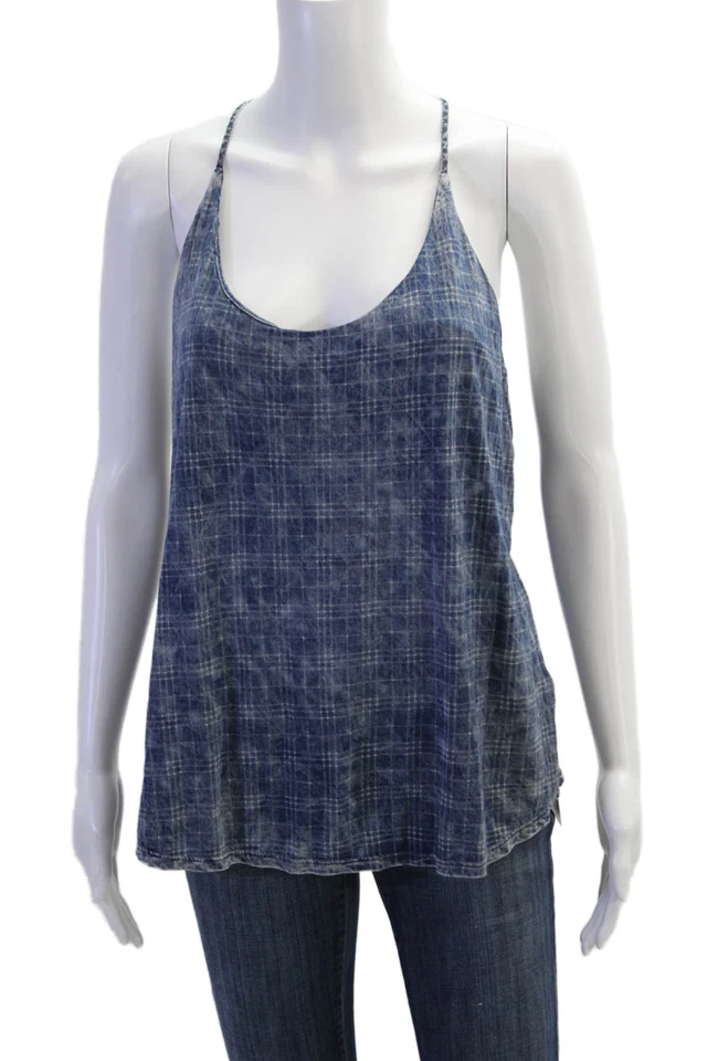 Camiseta sin mangas Bella Dahl para mujer de algodón con correa de espagueti cuello redondo a cuadros azul talla M Foto 1 de 4