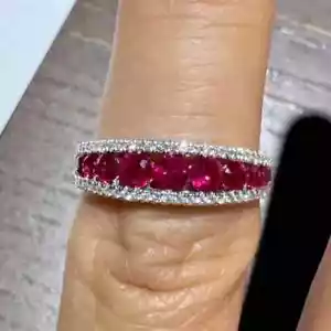 2Ct Round Lab-Created Red Ruby Half Eternity Wedding Band 14K White Gold Plated - Picture 1 of 14