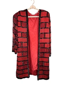 Vintage Damen 2X kräftige Pailletten Seide rot schwarz Perlen geometrisches Retro 38" lange Jacke - Bild 1 von 11