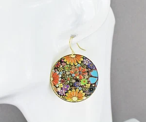 Gold floral circle earrings medallion disc 1.75" long Very lightweight flower - Picture 1 of 9