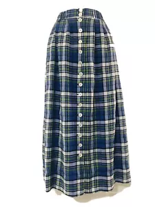 Vintage Pleated Long Skirt Check Blue Size 10 12 Retro Blue Midi Landhaus Green - Picture 1 of 12