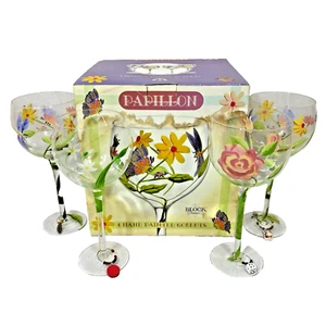 Block Basics Set of 4 Hand Painted Goblets Papillon Floral w/ Box - Picture 1 of 24
