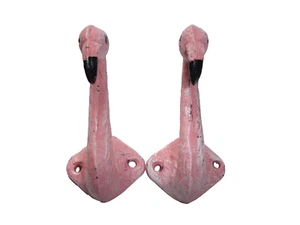 Pair Pink Flamingo Wall Hooks Cast Iron Coat Towel Robe Hanger Tropical Style - Picture 1 of 5