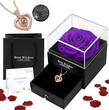 Preserved Real Rose Gift Box & I Love You Necklace gift PURPLE- Christmas