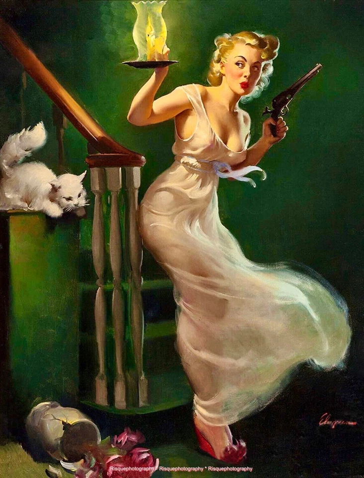 Impressão fotográfica The Girl The Gun The Cat 8,5x11" Gil Elvgren Pinup Fine Art Trouble - Imagem 1 de 1