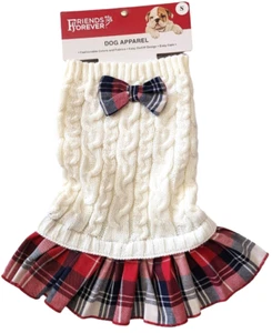 Friends Forever Cable, Red Plaid Bow & Skirt Puppy/Dog Sweater Dress, Size Small - Picture 1 of 5