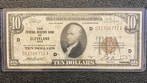 1929 $10 FEDERAL RESERVE BANK OF CLEVELAND, OH BROWN SEAL - Picture 1 of 2