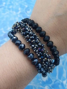 Stunning Sparkling Coast Layered Faceted Black & Silver Crystal Beaded Bracelet - Picture 1 of 10