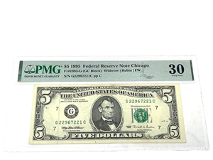 1995 $5 Five Dollars, FEDERAL RESERVE NOTE Chicago,' PMG 30 Very Fine, (#10) - Picture 1 of 2