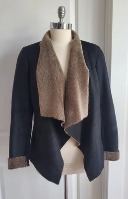 Chaqueta Vince Mujer Piel de Oveja Cordero Negra Marrón Frente Abierto Cuello Drapeado XS Foto 1 de 4