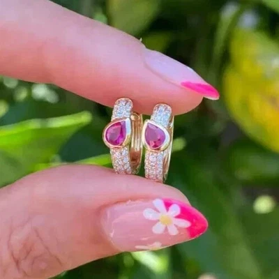 Lab Created Red Ruby  2Ct Pear Cut 14K Yellow Gold Plated Women's Hoop Earrings - Image 1 of 4