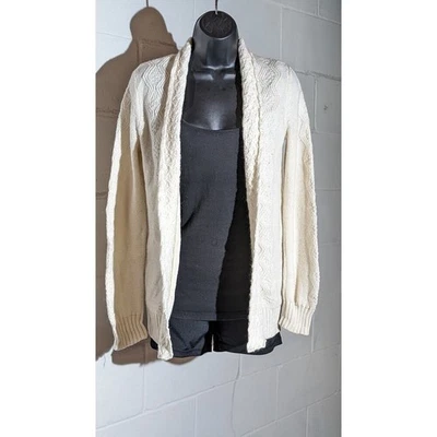 Cárdigan tejido con cable crema fósil suéter frontal abierto mezcla de lana texturizada mediano Foto 1 de 4