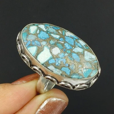 Natural Copper Turquoise Gemstone 925 Silver Handmade Jewelry, Ring Size-7 US - Image 1 of 4