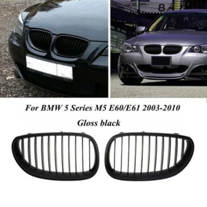 Pair Gloss Black Front Kidney Grill Grille For BMW E60 E61 5 Series M5 2003~2010 - Picture 1 of 6