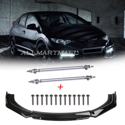 Glossy Black Front Bumper Lip Body Splitter Spoiler Strut Rods for Honda Civic - Image 1 of 4