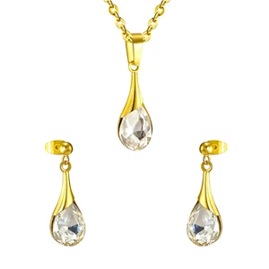 18k Gold Plated Tear Drop Zircon Stone Pendant Set with Earrings 3 pc - Picture 1 of 5