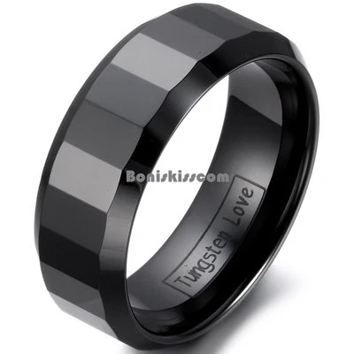 8 mm Comfort Fit Black Ceramic Faceted Ring Men's Anniversary Wedding Band - Image 1 of 4