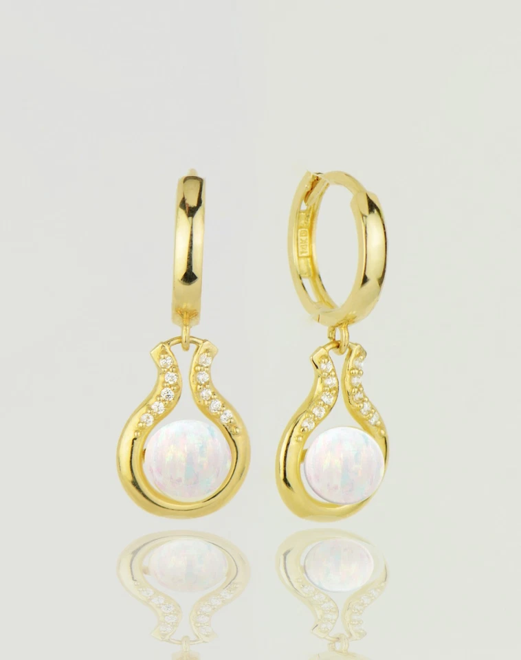 14K Yellow / White Gold Opal Huggie Hoop Dangle Earrings - Image 1 of 1