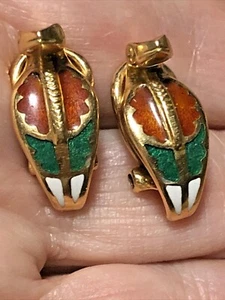 18KT Yellow Gold AND ENAMEL COBRA PIERCED EARRINGS  -  ESTATE FIND - FREE SHIP - Picture 1 of 12