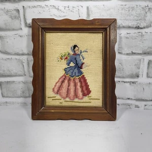 Antique Framed Needlepoint Victorian Woman Scalloped Wood Frame 7.5 X 9 inches - Picture 1 of 9