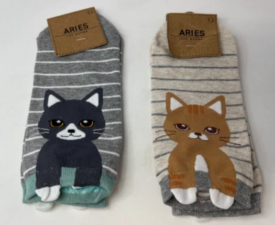 2 NWT Aries Women's 22-26cm Low Cut Ankle Socks Gray & Brown Cat Stripes - Image 1 of 3