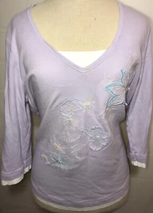 Basic Editions V-neck Embroided 3/4 Sleeves Top Light Purple 100% Cotton - Picture 1 of 6