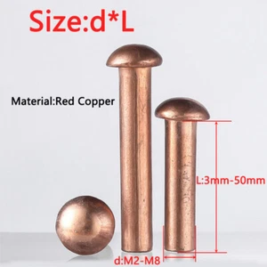 Button Half Round Head Rivet Solid Red Copper Rivets Dia M2 M2.5 M3 M4 M5 M6 M8 - Picture 1 of 10