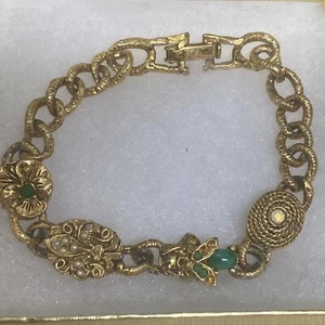 "Vintage Antik Goldton Fleur de Lis Samen Perlen Kunstjade Käfer Armband 7,5"" - Bild 1 von 7