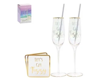 2er Set Flöten Sekt Strohhalme Untersetzer Geschenkbox Glas Partys Geburtstag Sprudelig  - Bild 1 von 3