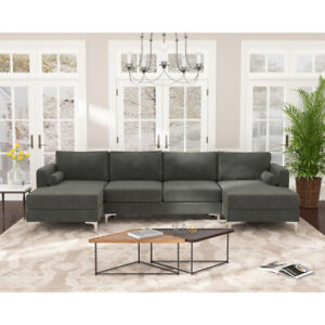 Gray Velvet U-Shape Sectional Sofa with Two Pillows