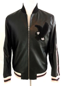 INC Bomber Jacket Mens Size M Black Leather Red White Stripe Eagle Patch - Picture 1 of 9
