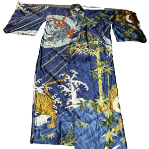 Kimono Tiger and Dragon Floral Print Open Underarms Maxi Length Blue One Size - Picture 1 of 19