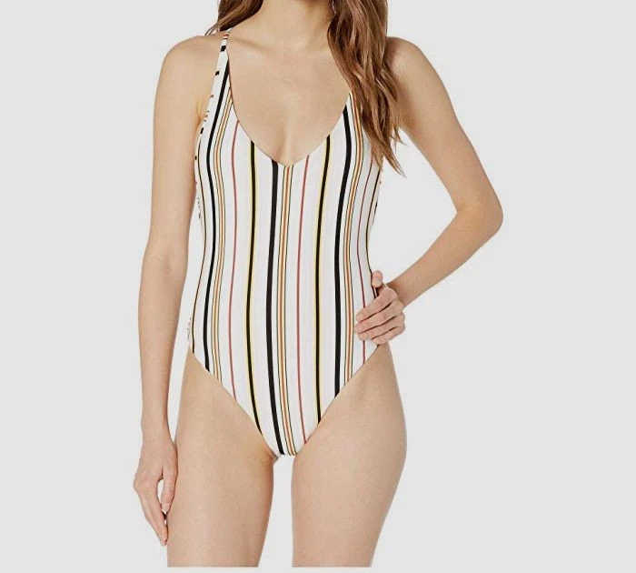 Volcom Women's White Striped V-Neck High Leg One Piece Swimsuit Size XL