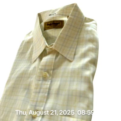 Paul Stuart Dress Shirt Mens 17 X 36 White Blue Yellow Windowpane Vintage USA - Image 1 of 4