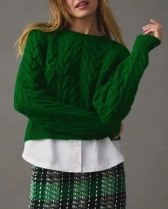 Maeve by Anthropologie Zopfmuster Lagenlook Pullover Sweater grün/weiß - Bild 1 von 8