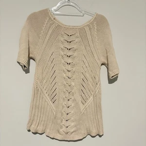 AJ Andrea Jovine Cotton Crochet Short Sleeve Sweater Tan Beige Size medium - Picture 1 of 3