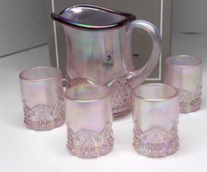Fenton Kunstglas Champagner Satin Wappen irisiert Mini Krug #1960PT mit 4 Gläsern - Bild 1 von 10