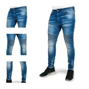 Neu Herren Skinny Stretch schmale Passform Biker Design Jeans Denim Hose Hose - Bild 1 von 7