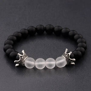 Man's 8mm Crown Black Natural Gemstone Handmade Round Beads Stretchable Bracelet - Picture 1 of 38