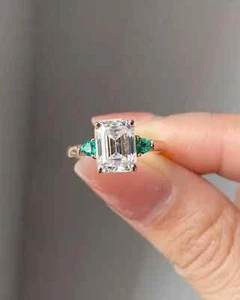 3Ct Emerald Cut Lab Created Diamond Engagement Ring 14K Rose Gold Plated Silver - Picture 1 of 10