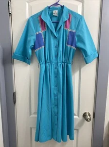Vintage 80s Turquoise Pink Geometric Shirt Dress 8 Petites By Willi  Pockets - Picture 1 of 11