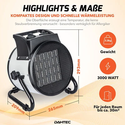 DAHTEC 3000W Elektrischer Keramik Heizlüfter 2 Heizstufen - Heizstrahler H3.311 - Bild 1 von 4