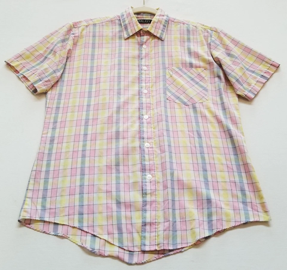 VTG Galaxy Button Up Shirt Men Medium Pink Yellow Blue Geometric Rectangle Retro - Image 1 of 4