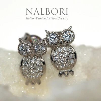 Orecchini argento 925 gufo civetta barbagianni zirconi bianchi come diamanti - Immagine 1 di 4